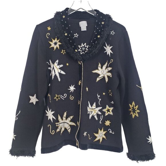 Berek Embellished Star Cardigan Beaded Black Sweater Womens Size Large - Picture 1 of 14